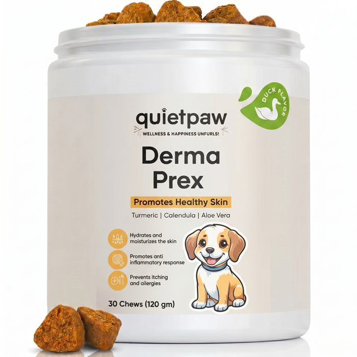 QuietPaw Derma Prex tub, 30 chews, duck flavor