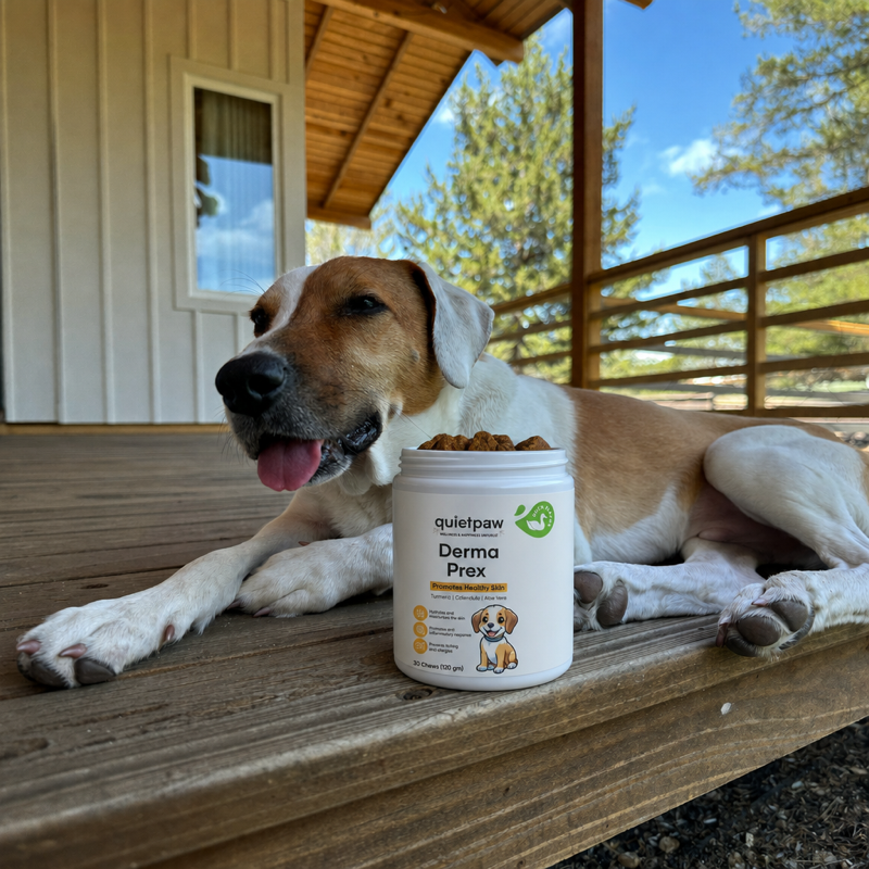 A happy dog with QuietPaw Derma Prex on a sunny porch
